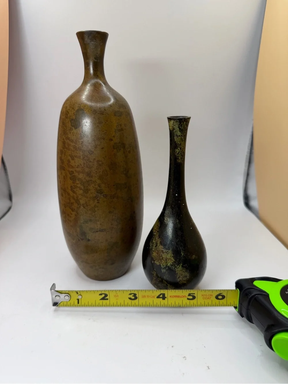 Mid Century Otagiri Brown and Gold Metal Vases - Pair